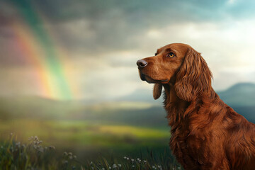 majestic Irish Setter gazes thoughtfully at vibrant rainbow in background, surrounded by lush green hills and serene landscape. scene evokes sense of peace and beauty