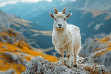 Fototapeta premium A goat stands on a rocky outcrop with mountains in the background.