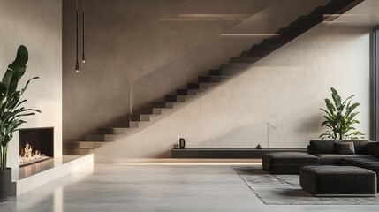 Modern living room interior with a fireplace, a couch, a staircase, and plants.