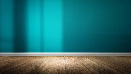 blue turquoise empty wall and wooden floor with interesting with glare from the window interior background for the presentation