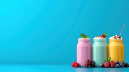Fototapeta premium A photostock of yogurt in glass jars with a spoon, blue background, clean design