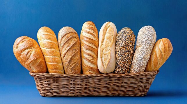 A photostock of a basket of assorted breads, wooden background, bakery theme