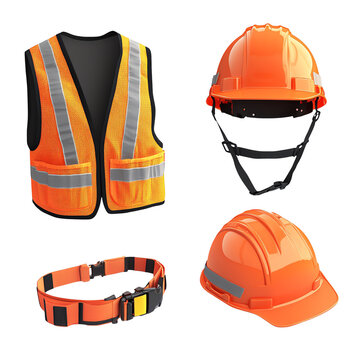 Safety gear set including helmet, vest, and belt on white isolate background.