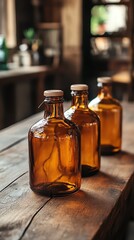 Three vintage amber glass bottles displayed on a rustic wooden table, evoking a nostalgic and cozy atmosphere.