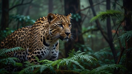 Obraz premium A majestic leopard sits in a dense, misty jungle, its powerful gaze fixed on something unseen. Its spotted fur blends seamlessly with the foliage.