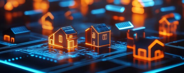 Blockchain-powered real estate hub, glowing data-driven property listings, futuristic urban design