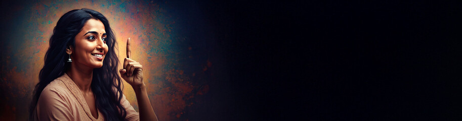 Obraz premium Presentation Banner, Indian Woman, Beautiful Smile Smiling & Pointing Finger, Room for Copy, Display Banner, Extra Wide Format