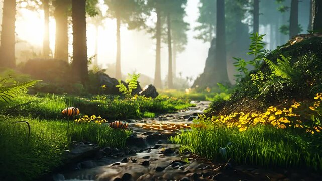 A small stream flows through a lush forest, illuminated by the warm morning sun