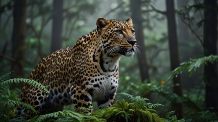 Fototapeta premium A majestic leopard stands alert in a misty forest, its spotted coat blending seamlessly with the surrounding greenery.