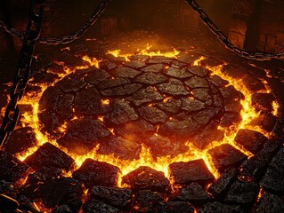Fiery Circle of Stone Amidst Chains in a Dark Enigmatic Setting