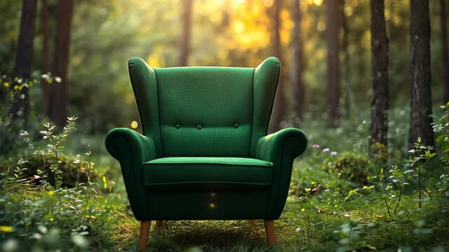 A green armchair sits in a clearing of a forest, bathed in the warm light of the afternoon sun