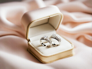 Gold and silver wedding and engagement rings placed in elegant boxes or against soft fabrics. Perfect for wedding-related content or jewelry presentations.