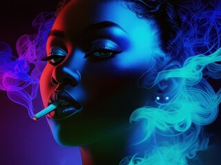 Fototapeta premium Close-up of a woman blowing blue, green, pink, orange smoke from her mouth in a dark room. The photo was taken at night with low light and high contrast, creating a mysterious atmosphere.