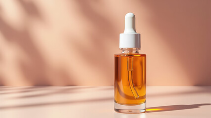 Naklejka premium Amber glass dropper bottle on a soft pastel background with sunlight shadows, ideal for promoting organic skincare or essential oils.
