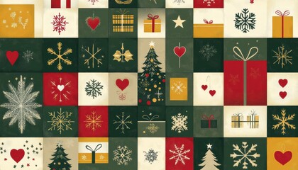 Festive Christmas design pattern with holiday symbols including snowflakes, hearts, Christmas tree, and gifts in red, green, and gold