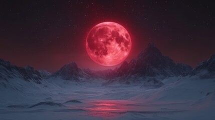 A surreal landscape featuring a large red moon over snowy mountains and a reflective water surface.
