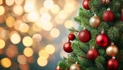Obraz premium decorated xmas spruce tree with christmas red and golden ornaments on glitter bokeh background with lights merry christmas card winter holiday theme happy new year