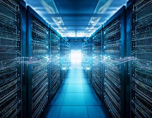 Fototapeta premium digital circuit image over servers in data center