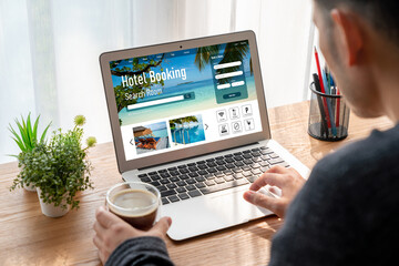 Fototapeta premium Online hotel accommodation booking website provide modish reservation system . Travel technology concept .