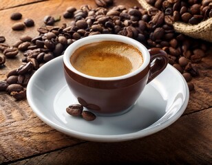 Fototapeta premium espresso coffee cup with beans on vintage table