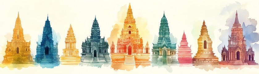 Obraz premium A vibrant watercolor illustration showcasing a series of beautiful ancient temples in various colors and styles.