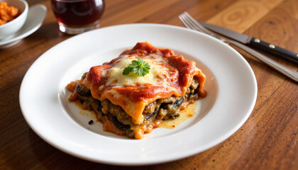 Delicious vegetarian lasagna served on a white plate with wooden background and copy space