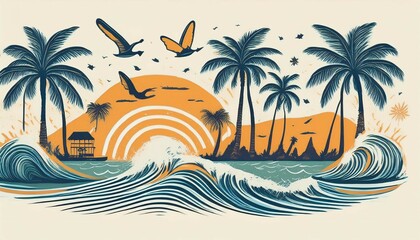 hand drawn vector designs with summer and tropical themes ideal for logos and prints featuring surfing vibes palm trees and boho elements