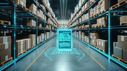 Fototapeta premium Modern warehouse with digital elements, organized storage, and box shelves.