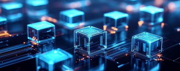 Holographic decentralized ledger, floating data cubes, futuristic digital landscape