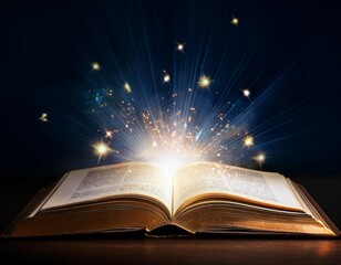 magic book with open pages and abstract lights shining in darkness literature and fairytale concept