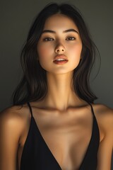 Fototapeta premium A portrait of a beautiful woman with long hair, natural makeup and soft lighting, radiating confidence and elegance.