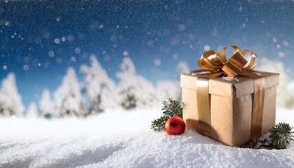 merry christmas and happy holidays greeting card frame banner new year wrapped gift box present on snow background winter xmas holiday theme