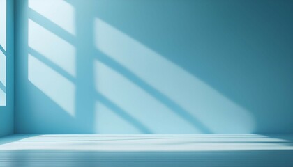 Fototapeta premium minimal abstract simple light blue background for product presentation shadow and light from windows on plaster wall