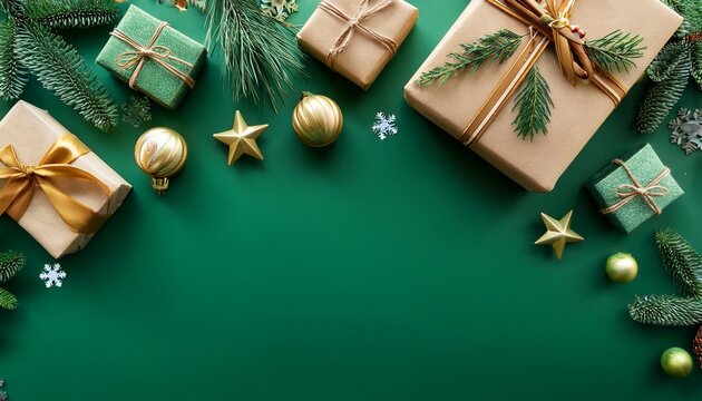 merry christmas and happy holidays greeting card frame banner new year noel wrapped christmas gifts presents and decorations on green background top view winter xmas holiday theme