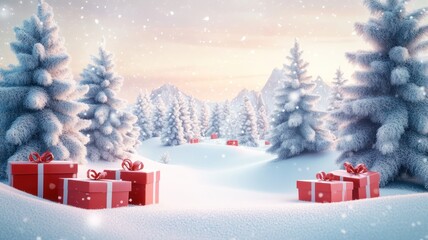 Happy Holiday Background. Decorated christmas trees with gift red boxes, Generative AI illustration
