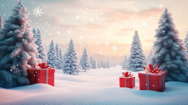 Decorated christmas trees with red garlands into a forest on a snowy sunrise close to xmas gifts in red boxes , Generative AI illustration