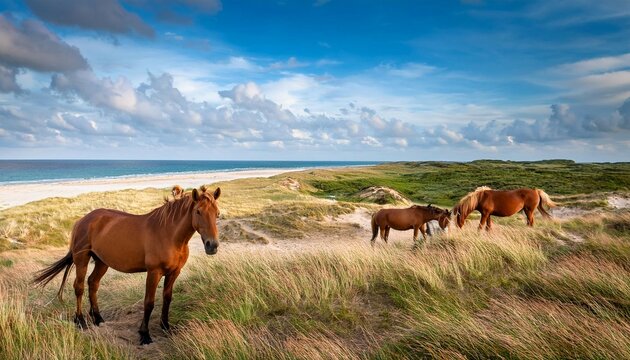 naturschutzgebiet skjern enge mit pferden im vordergrund jutland danemark
