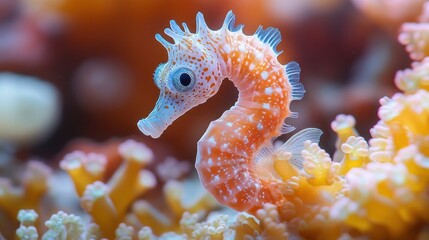 Obraz premium A vibrant seahorse amidst colorful coral in an underwater scene.