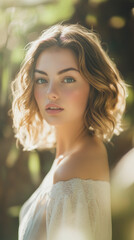 Naklejka premium Mid-length shot of a woman in a vibrant garden, softly lit by dappled sunlight. Her glowing, youthful skin stands out against the greenery, while her pastel dress enhances her smooth complexion