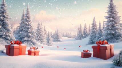 Merry Chrimast Background. Decorated christmas trees with red garlands into a forest on a snowy sunrise close to xmas gifts in red boxes , Generative AI illustration