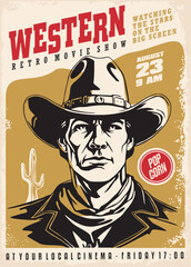 Cowboy graphic retro poster design for cinema event. Western movies festival vintage flyer concept with gunman portrait on golden background. Vector illustration.