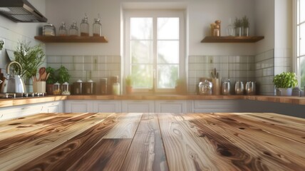 A kitchen blurred background. Wooden table with a blurred view of a modern kitchen bench. High Quality Image