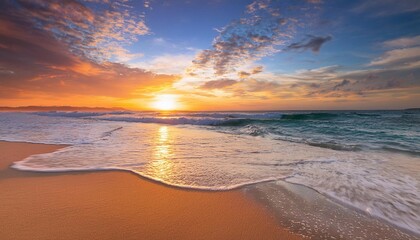 Fototapeta premium serene beach at sunset with gentle waves and a colorful sky
