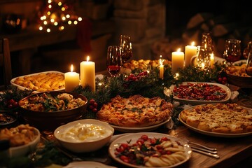 Naklejka premium Cozy Holiday Feast with Candles and Various Dishes on a Festive Table Setting