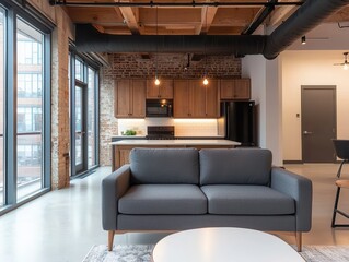 Fototapeta premium A modern living room featuring a stylish gray couch, wooden cabinetry, and large windows, blending comfort with contemporary design.