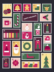 Colorful Advent Calendar with Festive Holiday Icons in Stamp-Style Design