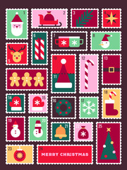 Vintage Stamp Style Advent Calendar with Christmas Icons and Festive Imagery Vector Illustration