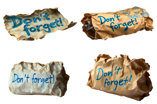 Crumpled piece of note paper with a handwritten message saying Don't forget.