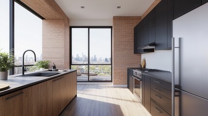 A modern kitchen featuring sleek black cabinets, wooden accents, and large windows with city views.