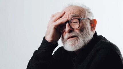 Obraz premium A senior man is holding his forehead with a pained expression, indicating distress from eye discomfort in a studio environment. Generative AI